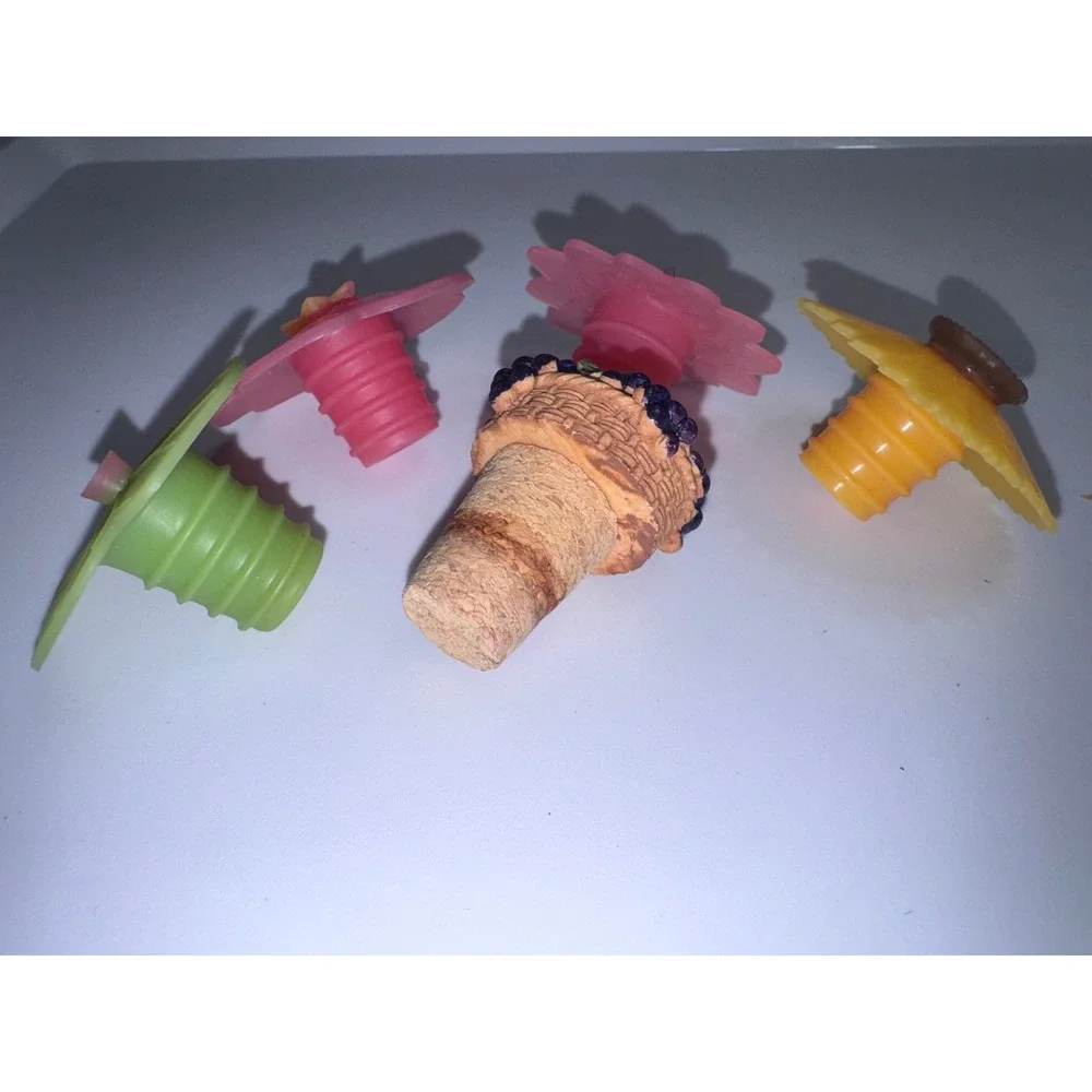 Set of 4 Floral and Grape Wine Bottle Stoppers Silicone and Cork Barware Decor
